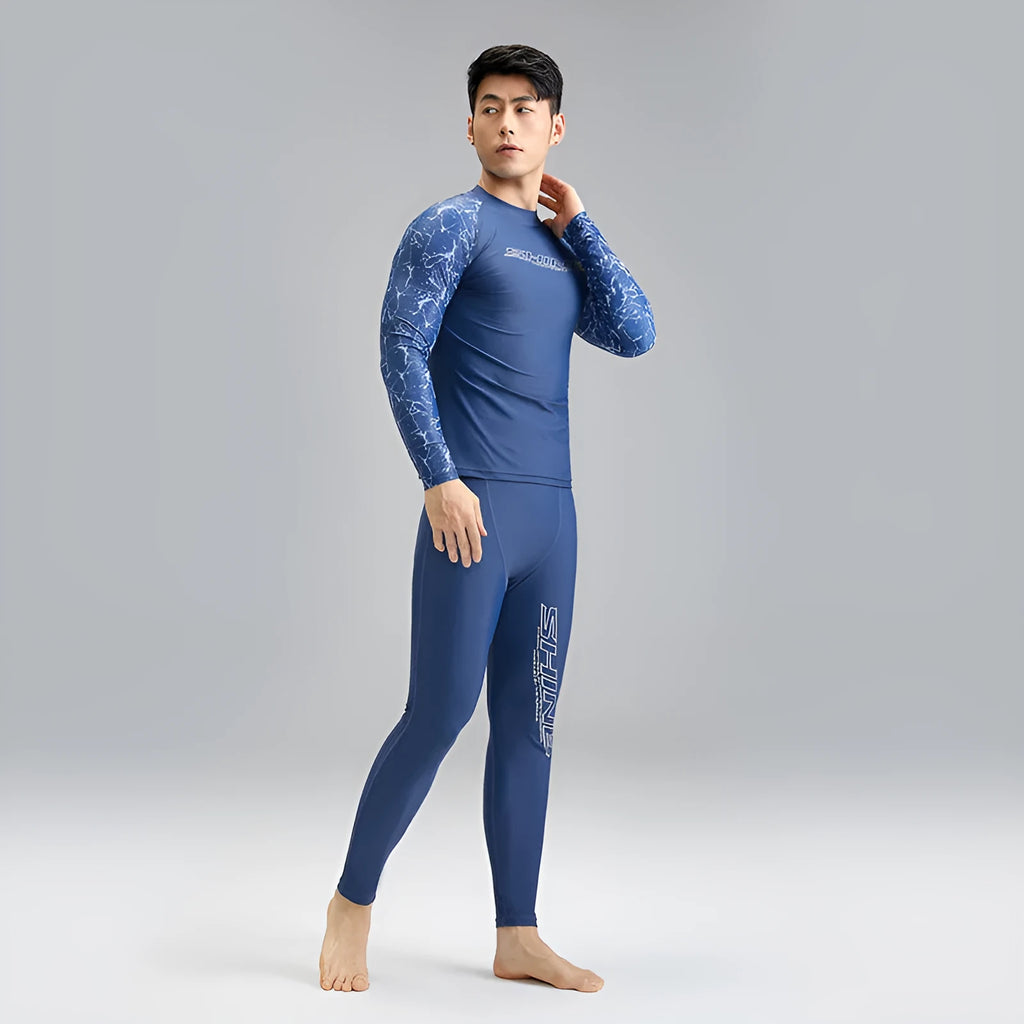 Men's two-piece swimwear set dark blue pattern nylon fabric extended sizes