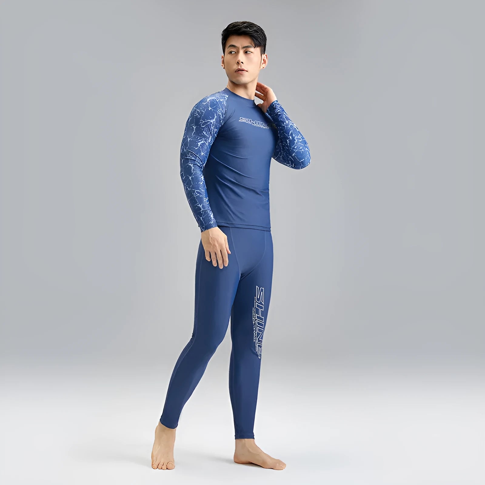 Men's two-piece swimwear set dark blue pattern nylon fabric extended sizes