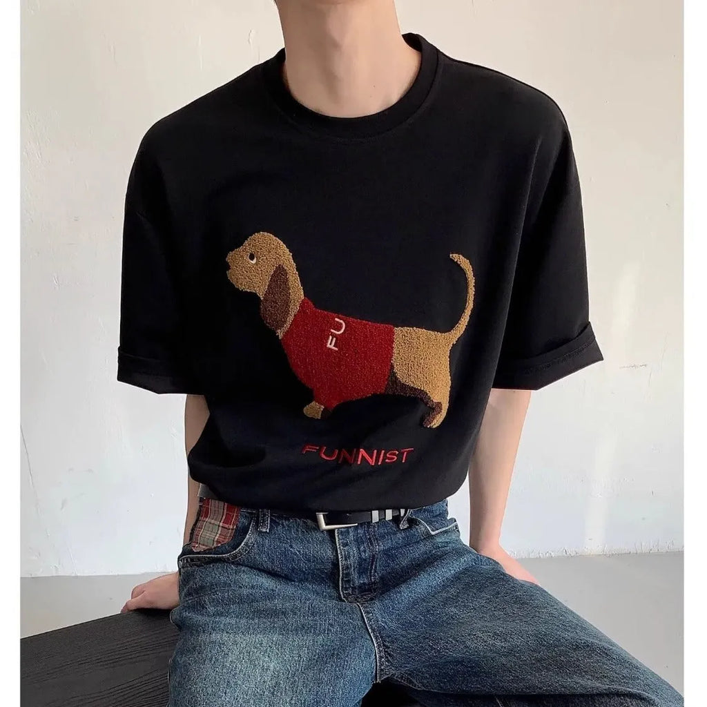 Men's grey cotton T-shirt with embroidered sausage dog wrapped in towel design