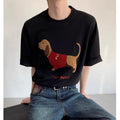 Men's grey cotton T-shirt with embroidered sausage dog wrapped in towel design