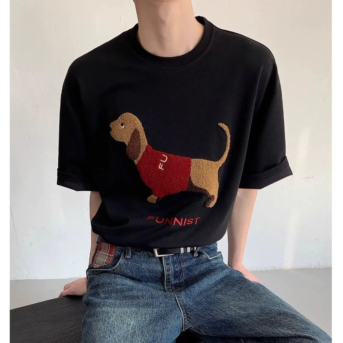 Men's grey cotton T-shirt with embroidered sausage dog wrapped in towel design