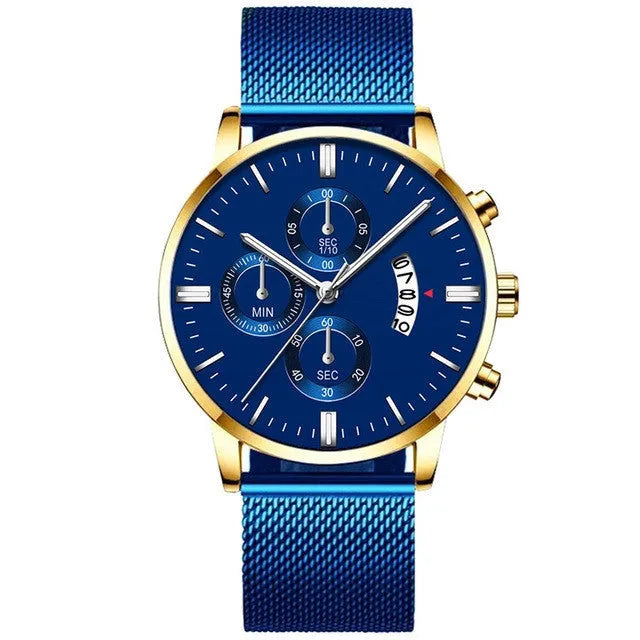 Men's stainless steel mesh band quartz watch showing analogue display and colour options.