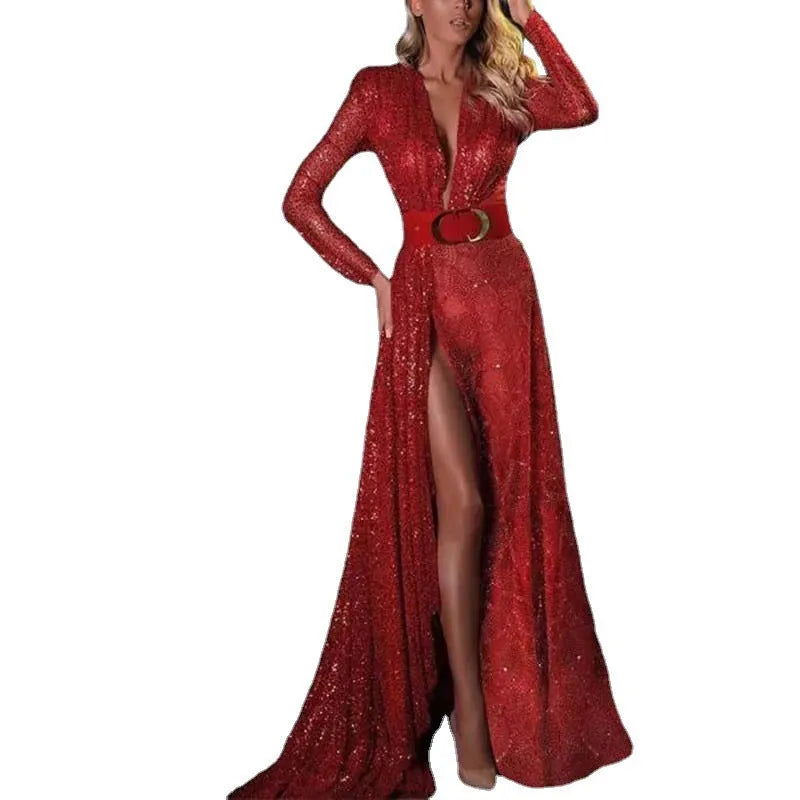Red long sleeve sequin split dress on model, high waist polyester party dress