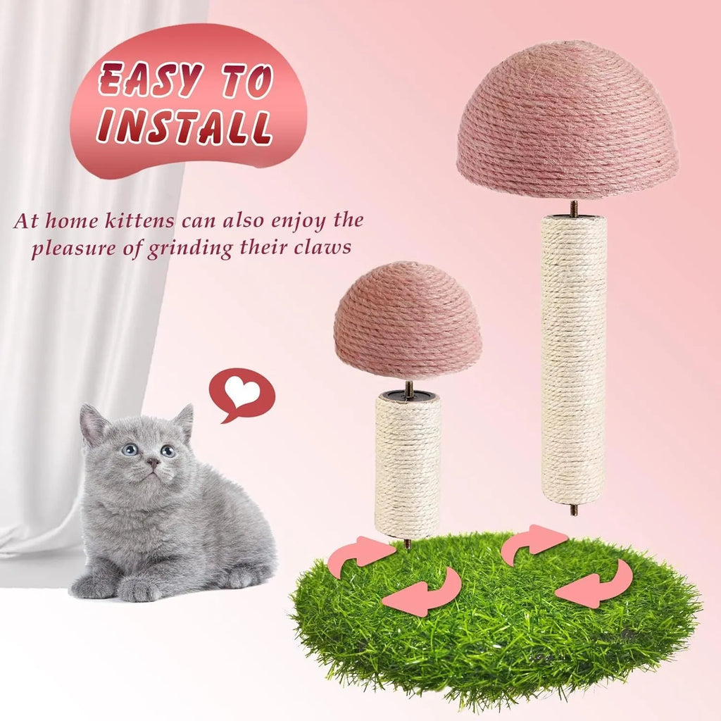 Pink mushroom-shaped cat scratching post with natural sisal caps and pole for small indoor cats