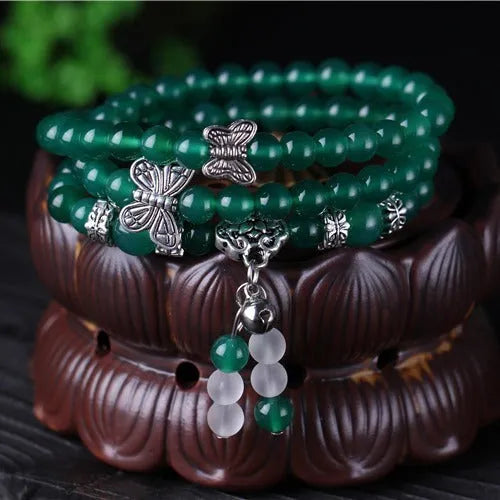 Handmade green agate multi-layer bracelet with three circles of 6mm beads for women.