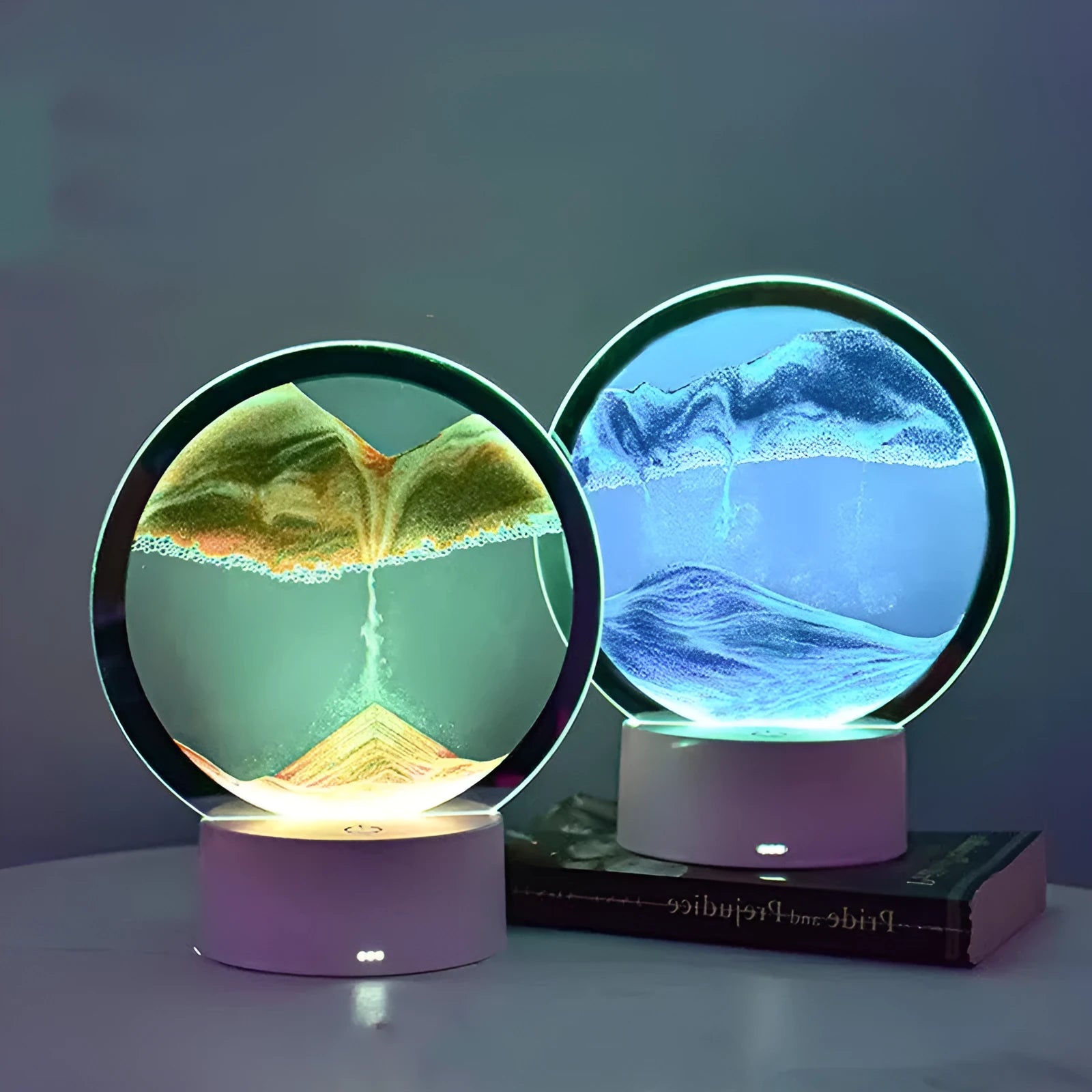 Creative 3D quicksand table lamp with glass shade and USB cable, showing touch control and coloured light options.