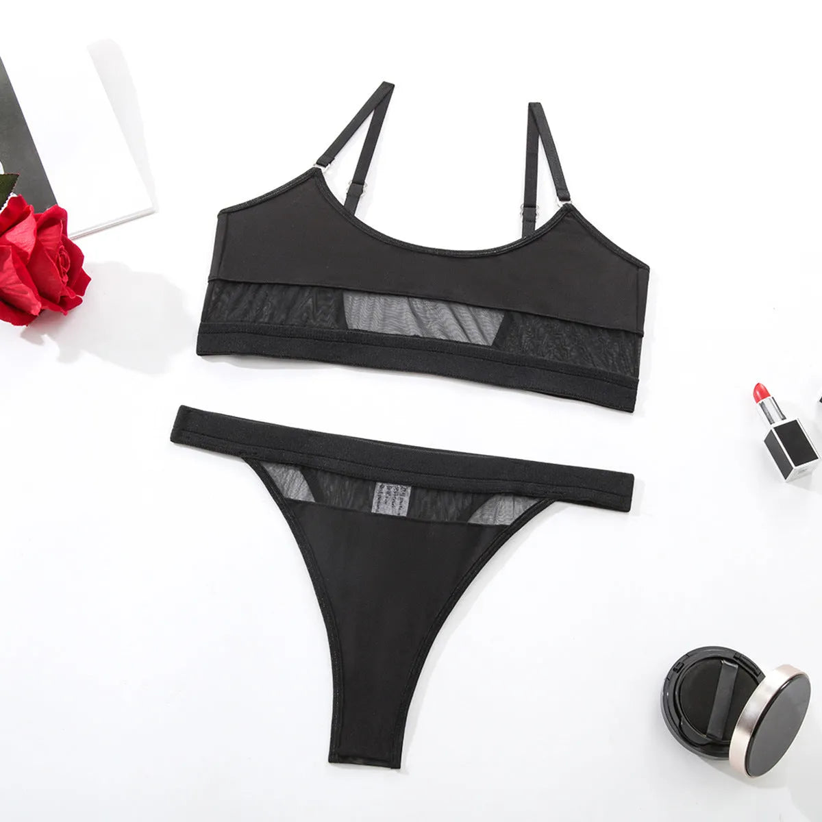 Women's black underwear set with full cup bra and matching pants