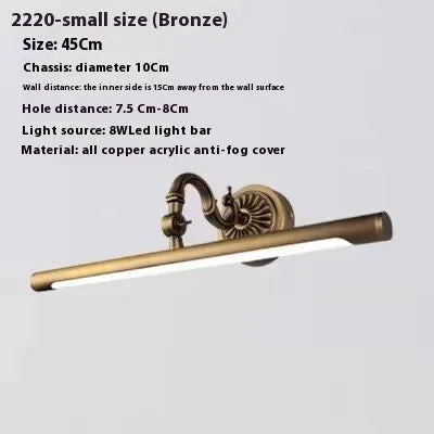 All copper bathroom mirror front lamp with acrylic anti-fog cover and 12W LED strip, 750mm size