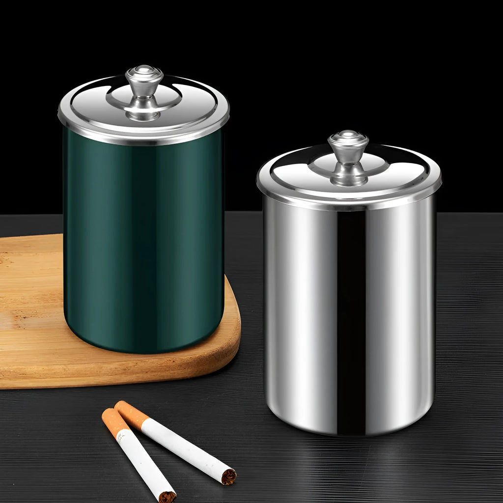 Stainless steel fly ash ashtray with cover, funnel and smoke button in silver finish