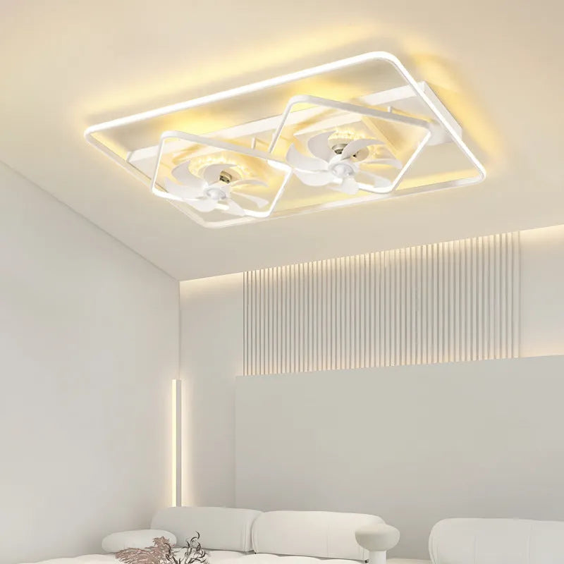 Modern thin suction ceiling fan lamp with acrylic light shade and plastic blades mounted on a white ceiling.