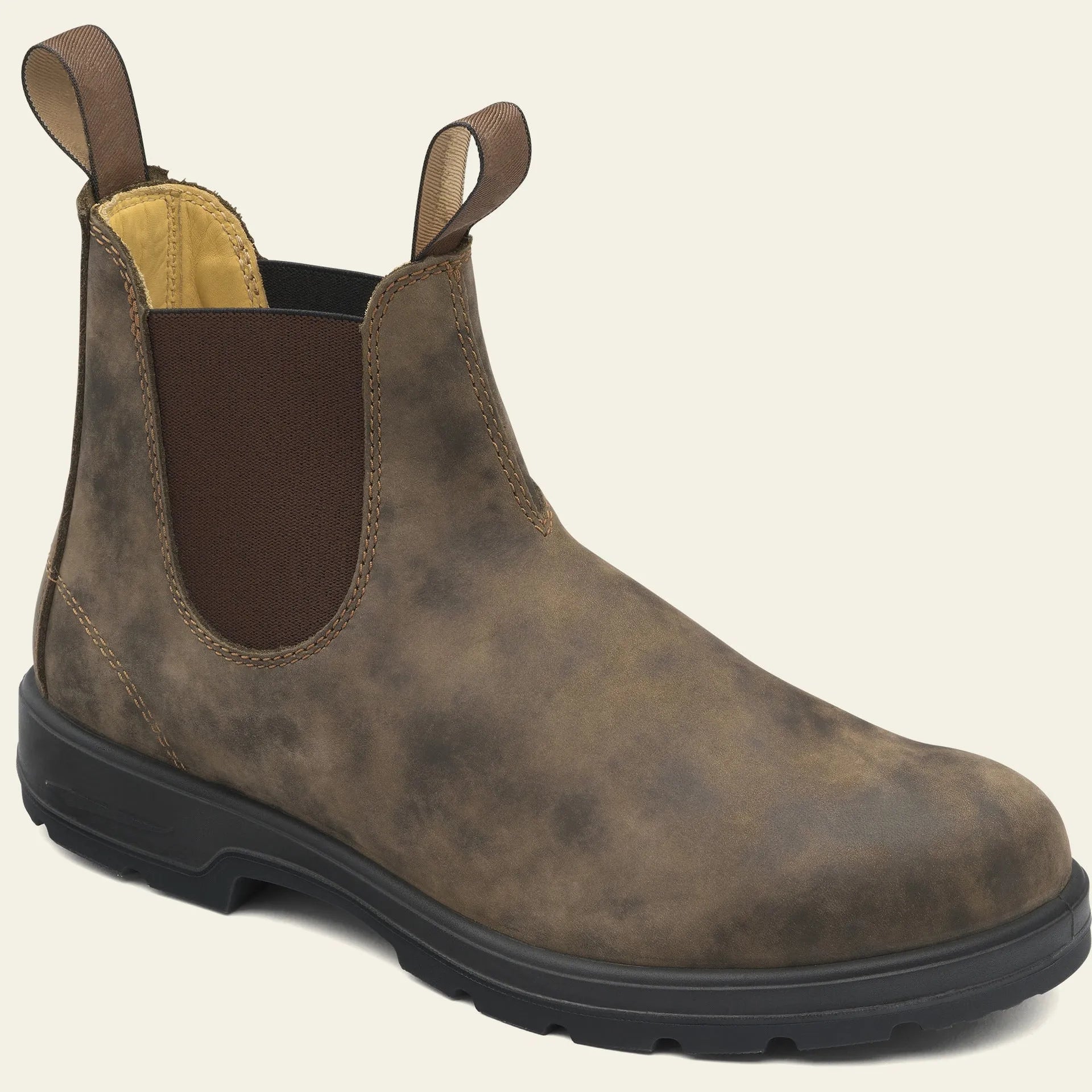 Vintage brown Chelsea boot with frosted PU upper, round toe, and mid-calf height on a wooden surface.