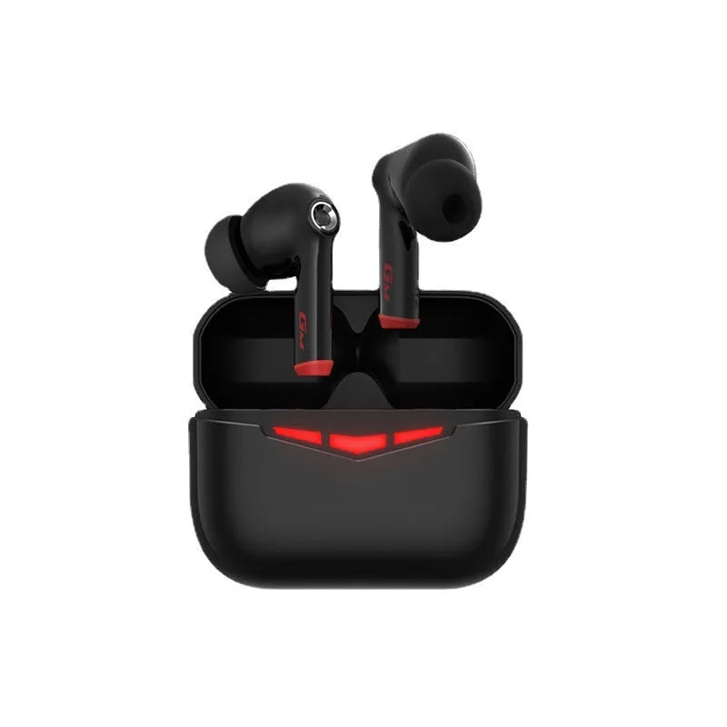 True wireless gaming earbuds in charging case, with spare silicone earmuffs, on a grey background.