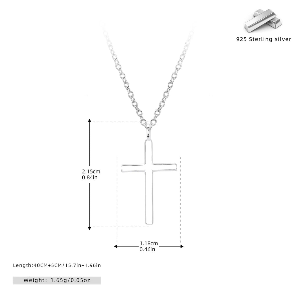 S925 sterling silver cross pendant necklace on an adjustable O‑link chain in a glossy finish.