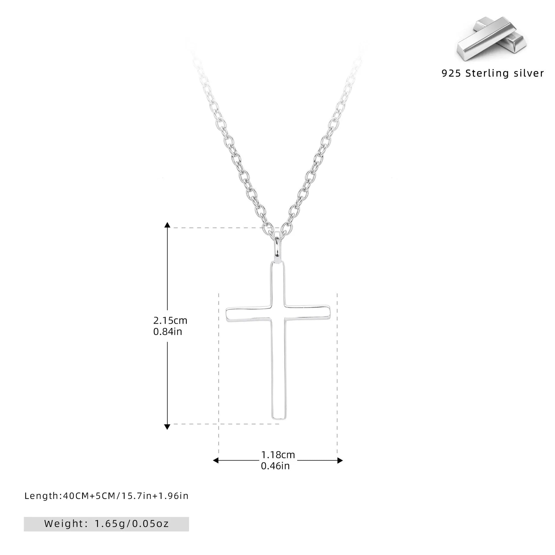 S925 sterling silver cross pendant necklace on an adjustable O‑link chain in a glossy finish.