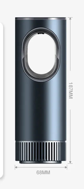 Black USB car air purifier with negative ion technology measuring 187mm tall