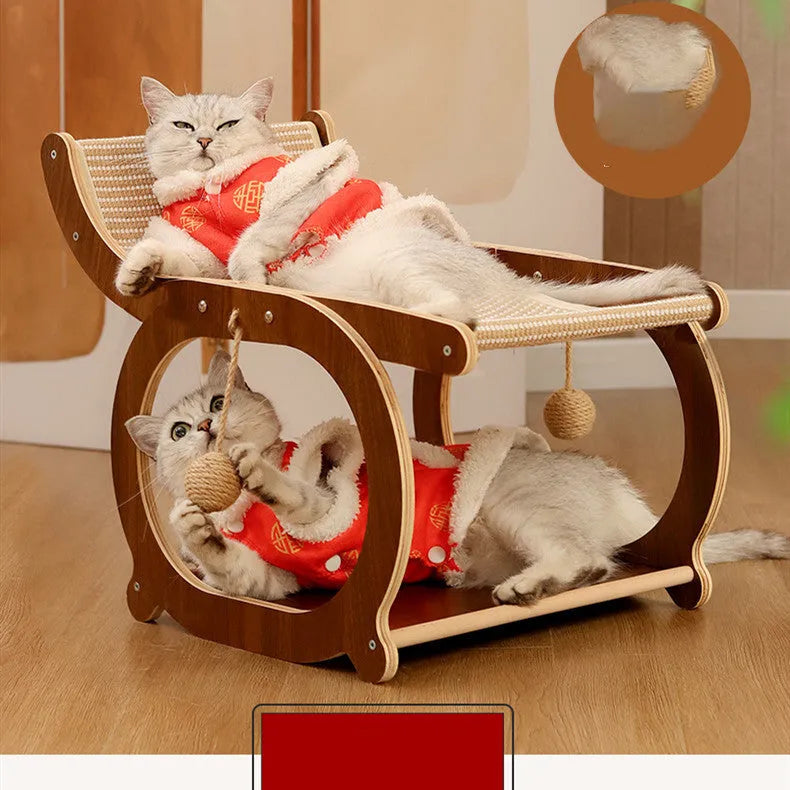 Solid wood platform cat scratching mat with sisal centre in light wood and walnut colour options