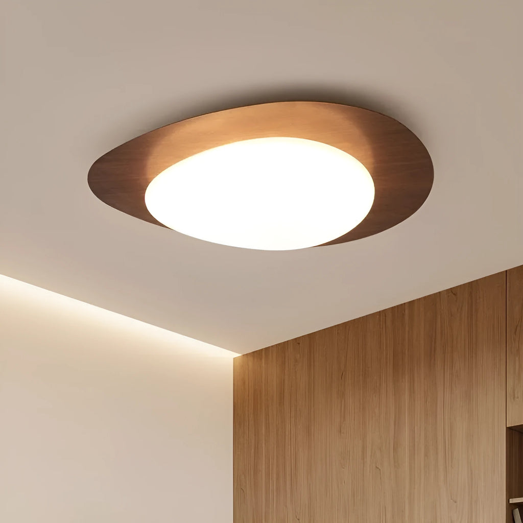 New Chinese style ceiling lamp with a wood-toned iron frame and white acrylic shade.