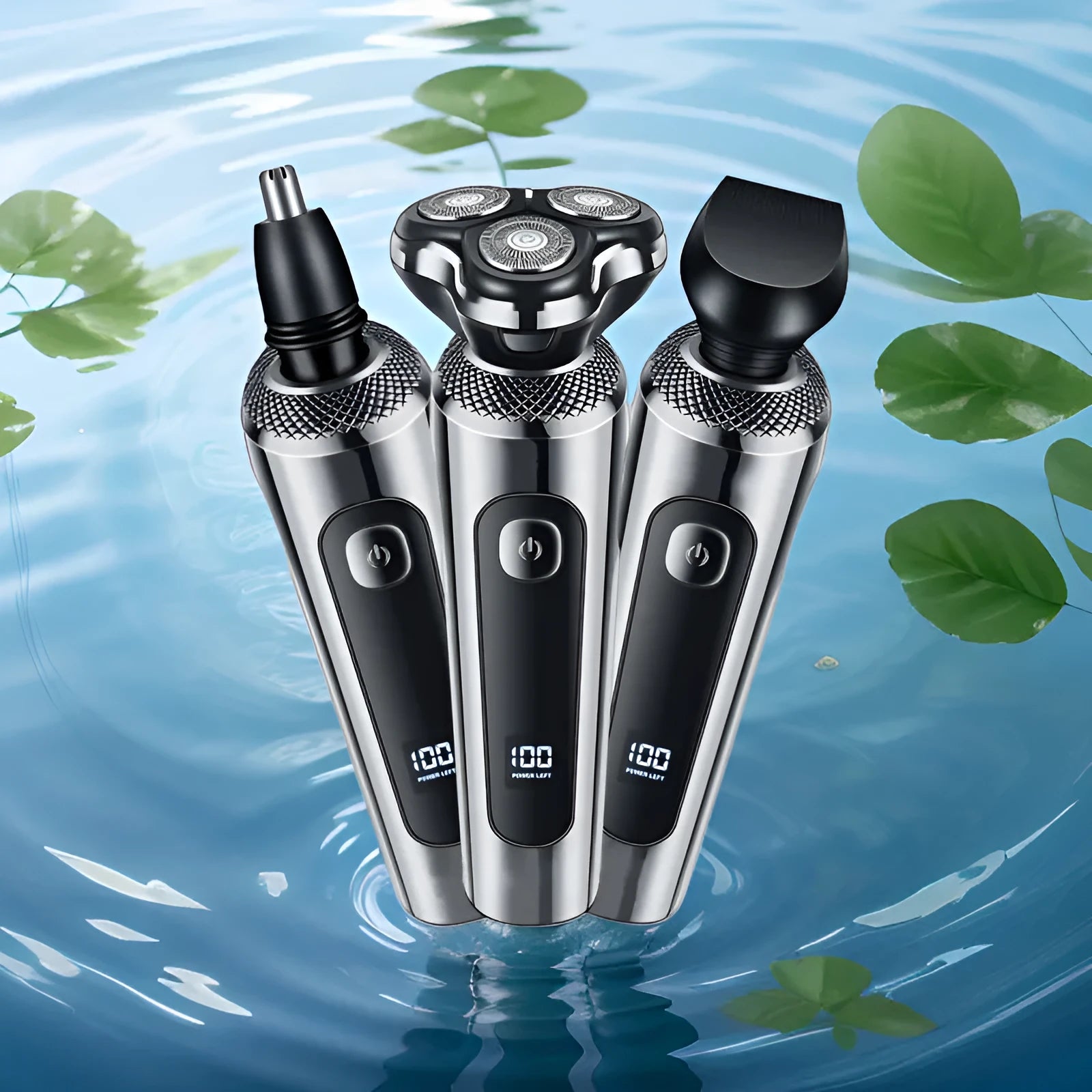 Digital USB rechargeable beard trimmer with LED display on a black base.