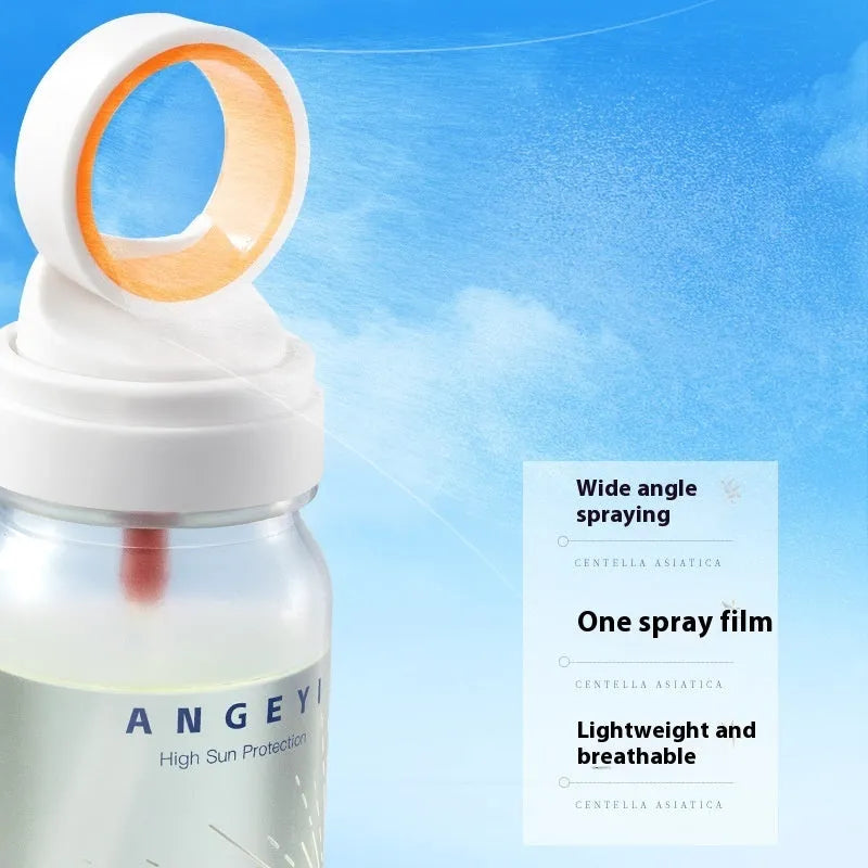 SPF50 sunscreen spray for military training with 90ml container showing spray application