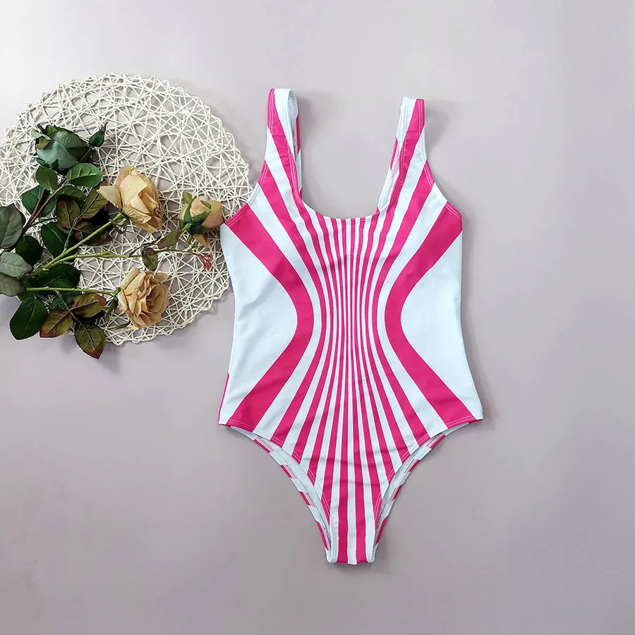 Front and rear view of a pink striped one-piece swimsuit for women on a mannequin