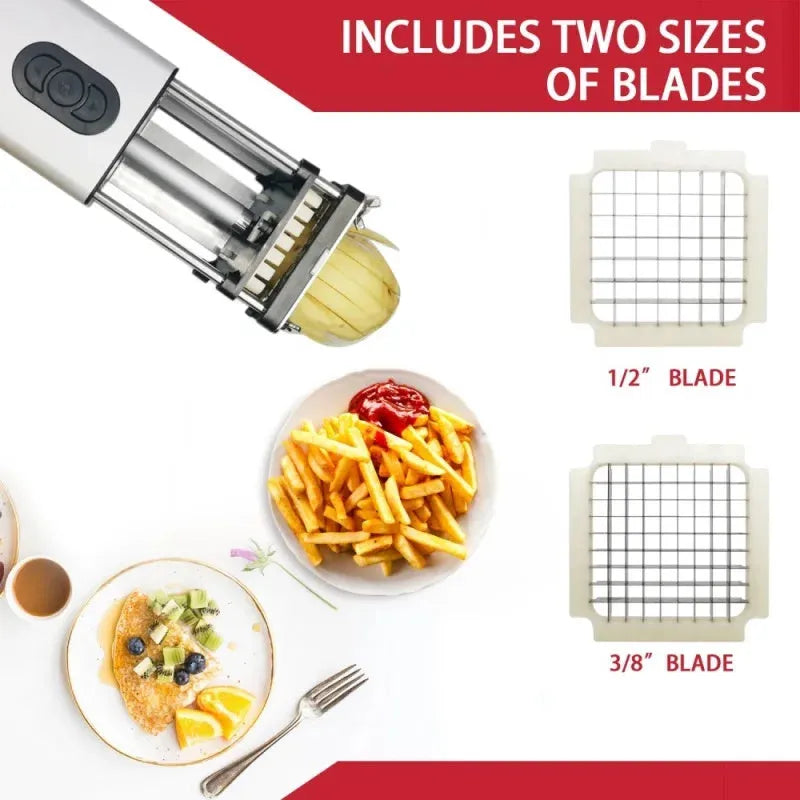 Black electric French fry cutter machine with stainless steel blades on a countertop.