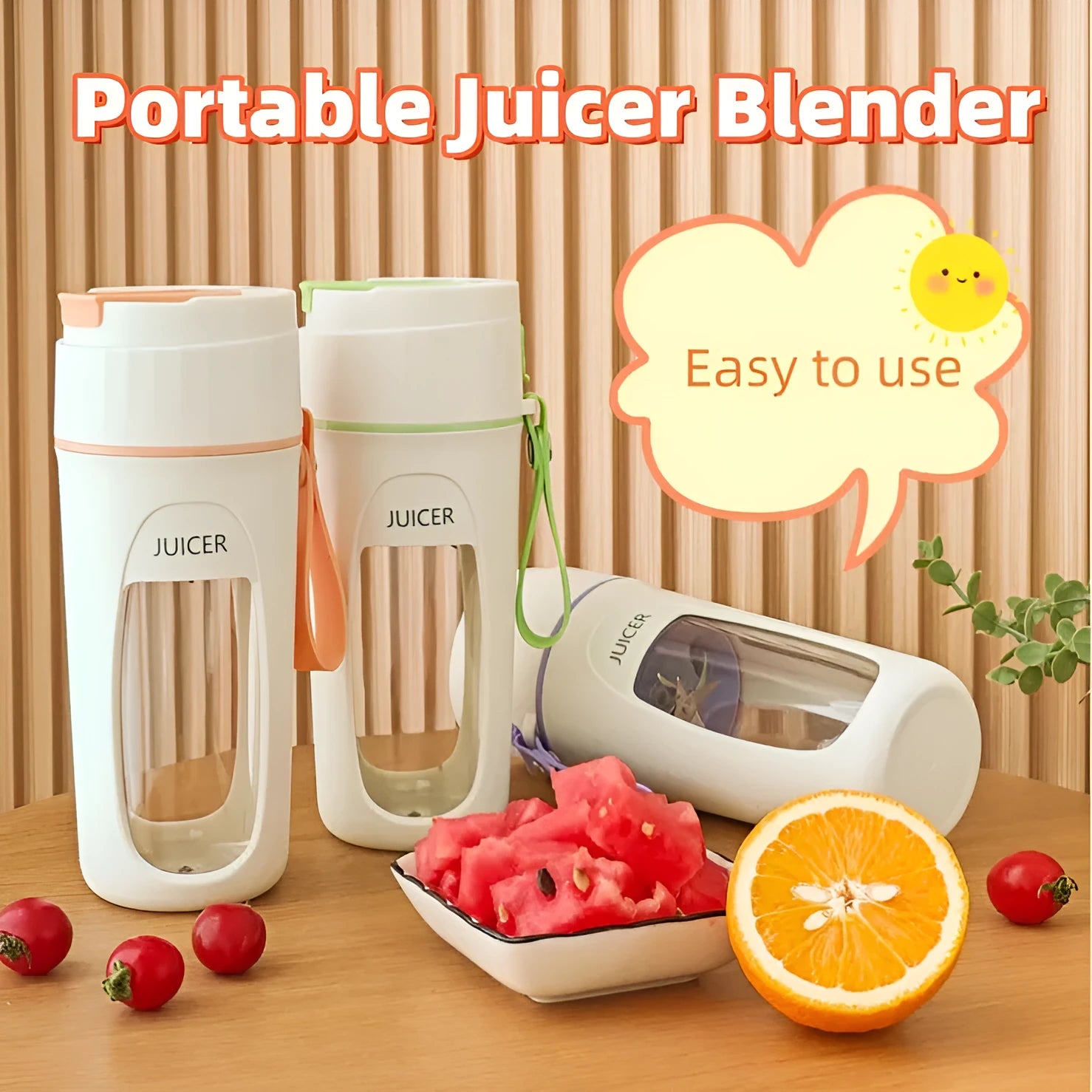 Portable USB electric blender with borosilicate glass cup in fresh orange, grass green, and light purple colours.