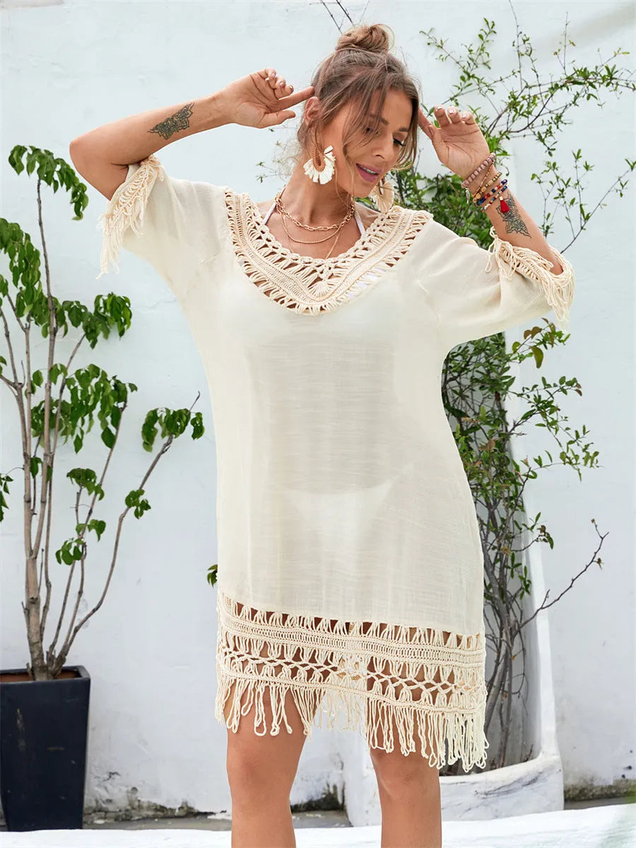 Apricot coloured hand-crocheted acrylic beach dress with polyester lining for women.