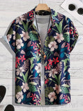 Man wearing a loose-fitting short sleeve shirt with a bold 3D floral print pattern.