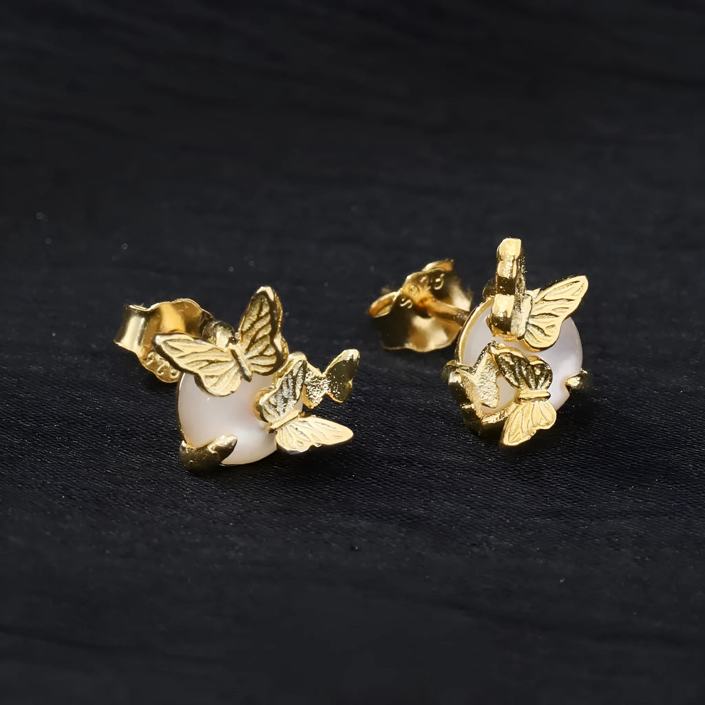 Pair of butterfly stud earrings in 925 silver with gold or white gold electroplated finish.