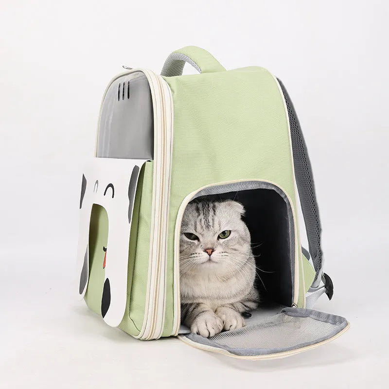 Large capacity portable pet backpack in PU PVC, available in pink, gray, beige, blue, green, for outdoor travel with cats and dogs