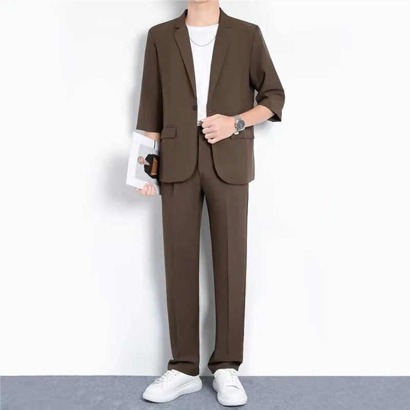 Light business summer suit with half sleeve jacket and trousers in thin cotton fabric