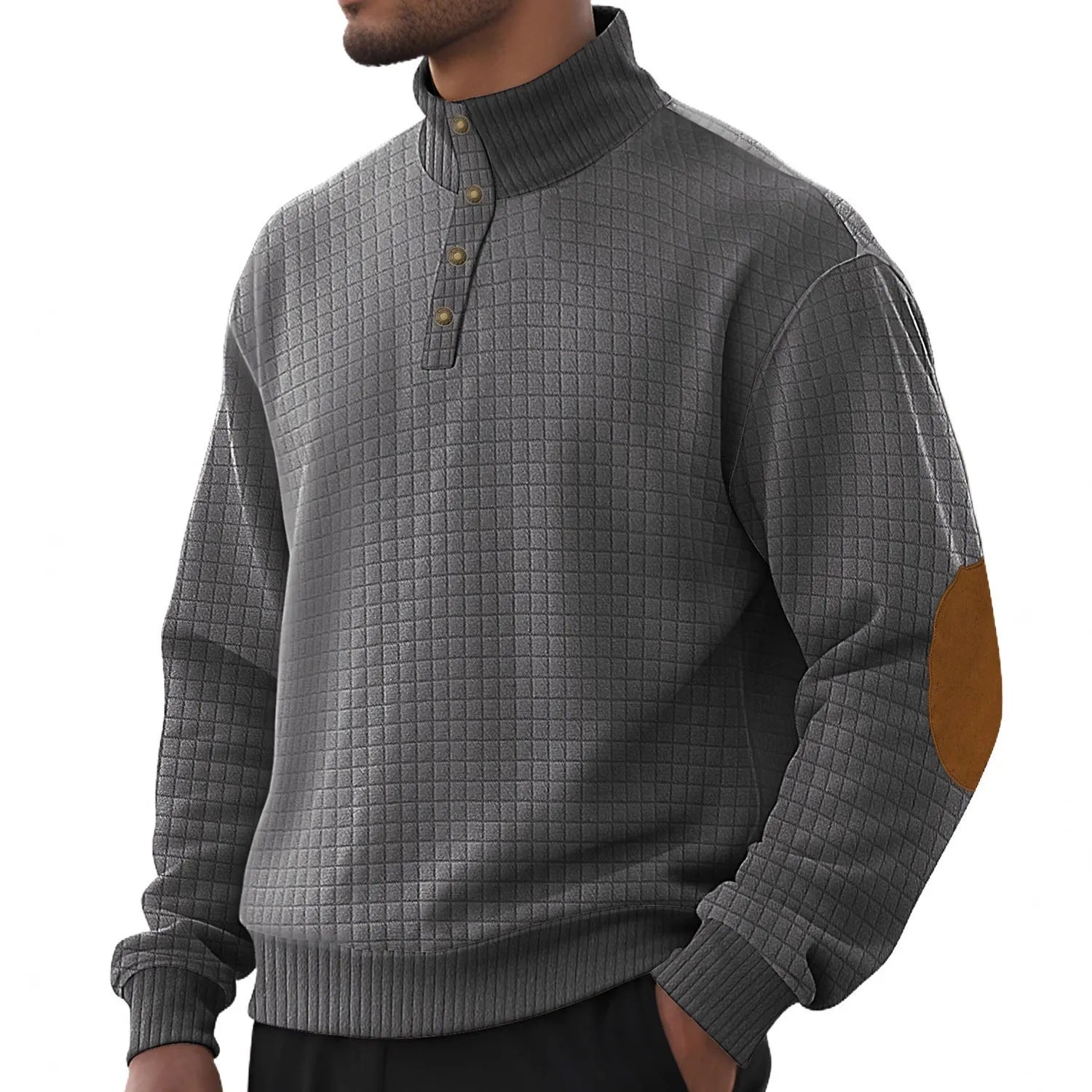 Men's casual jacquard small plaid stand collar long-sleeved sweater in khaki, polyester blend, full front view