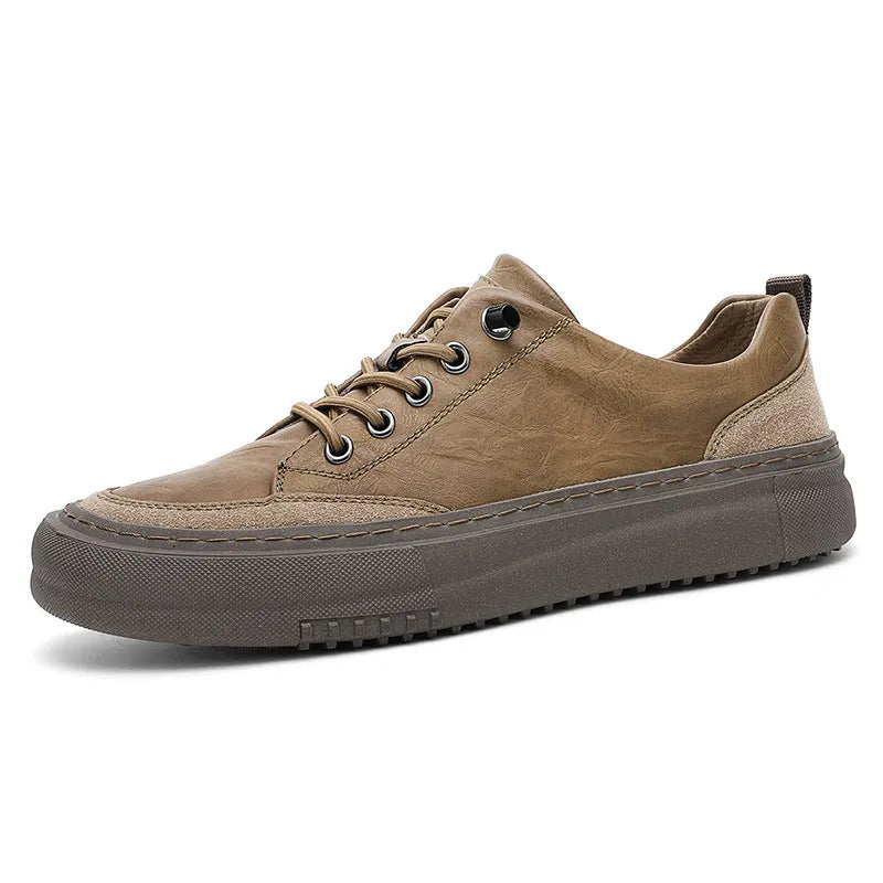 British round toe men's microfiber leather lace-up shoes in black, showing sewing line detail and rubber sole.