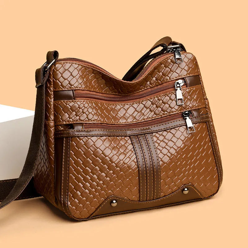 Woven PU leather messenger bag with horizontal square design and multiple compartments
