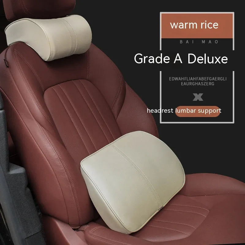 Memory foam car cushion headrest with leather exterior and cotton filler shown in coffee colour