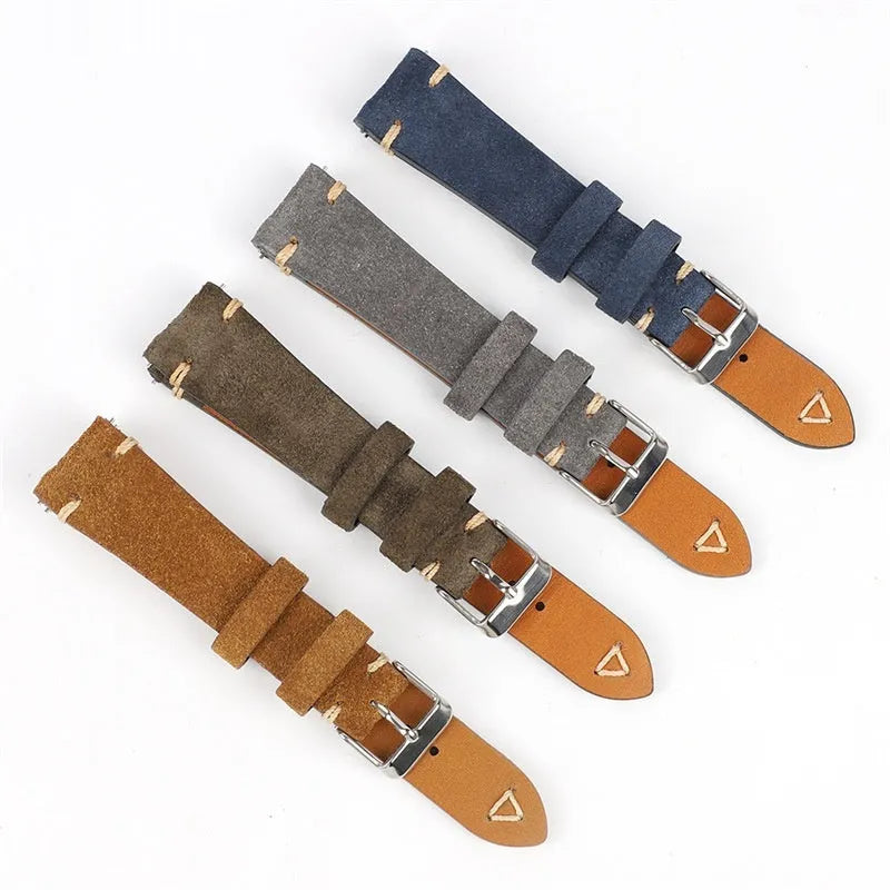 Brown suede leather watch strap with small waist design shown next to blue, grey, and army green colour options.