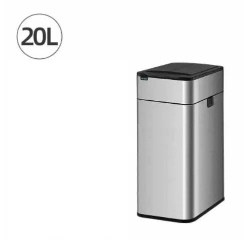 Stainless steel square automatic trash can with induction lid open.