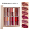 Matte shimmer lip glaze set with 12 colours featuring nonstick cup technology