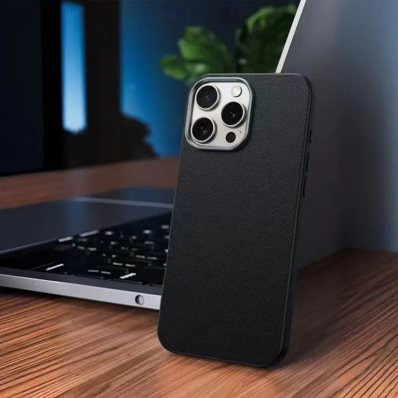 TPU phone case with leather pattern and frosted blade finish for Apple iPhone in black