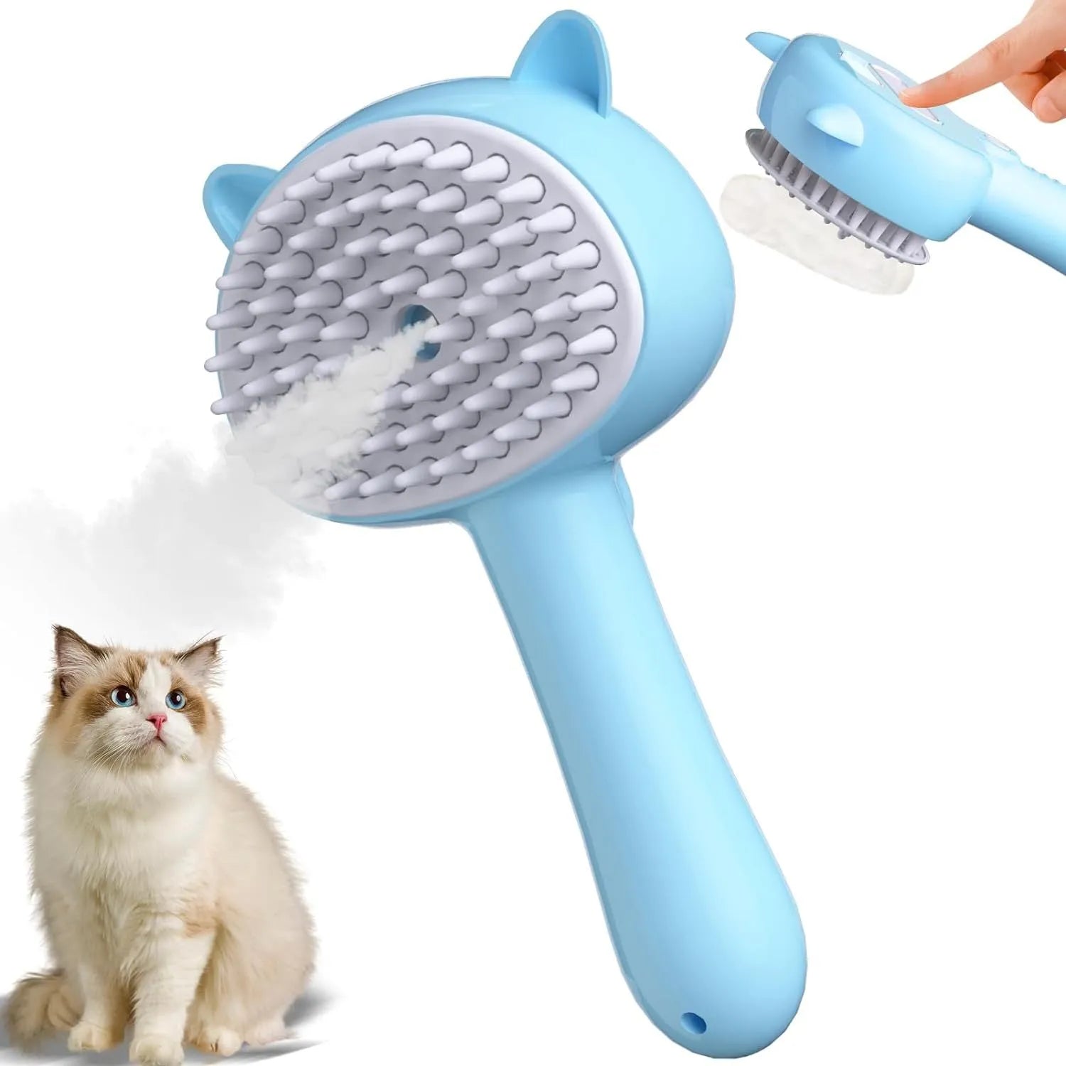 Blue cat steam brush with ergonomic handle and soft rubber comb teeth for pet grooming