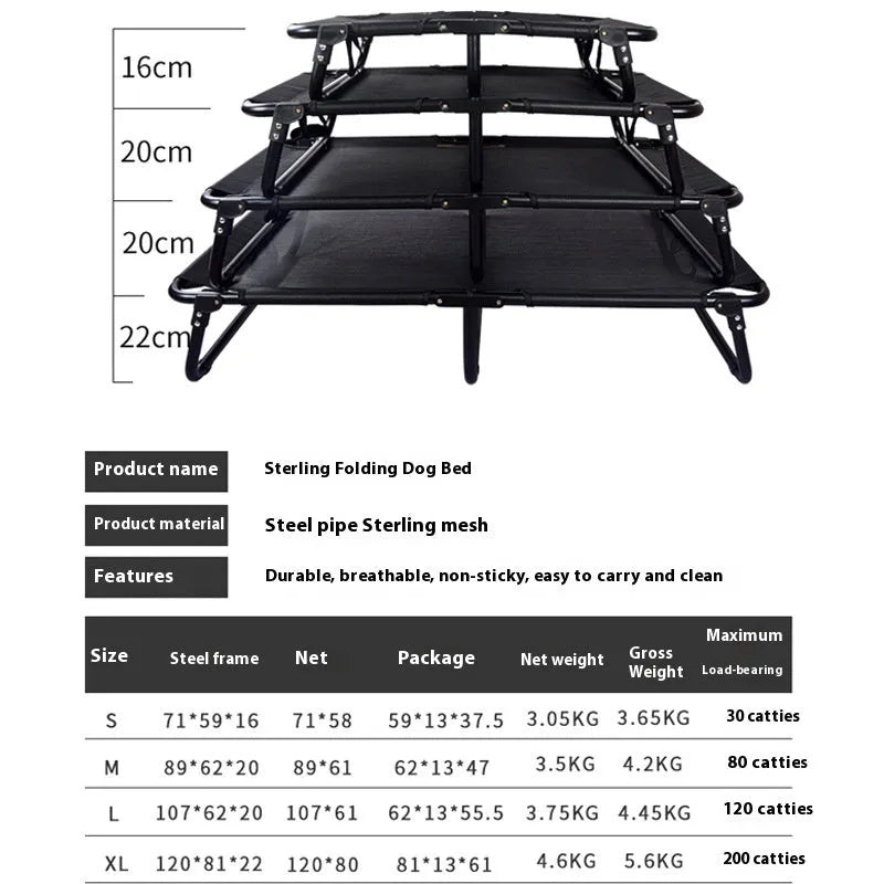 Folding steel frame dog camp bed with mesh sides and included mattress in four available sizes