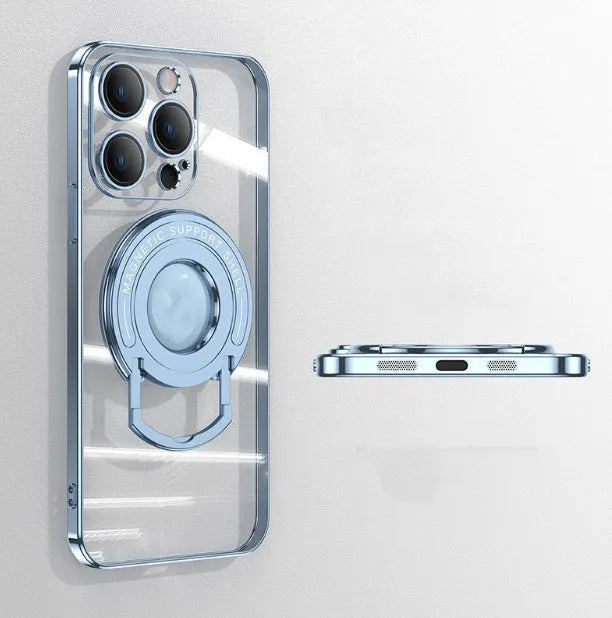 Transparent magnetic iPhone case with invisible pull-out stand, shown in dark purple colour.