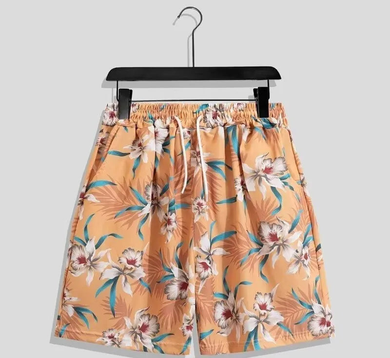 Men's casual printed quick-drying shorts with geometric pattern, drawstring waist, in various colours – polyester blend beach shorts.