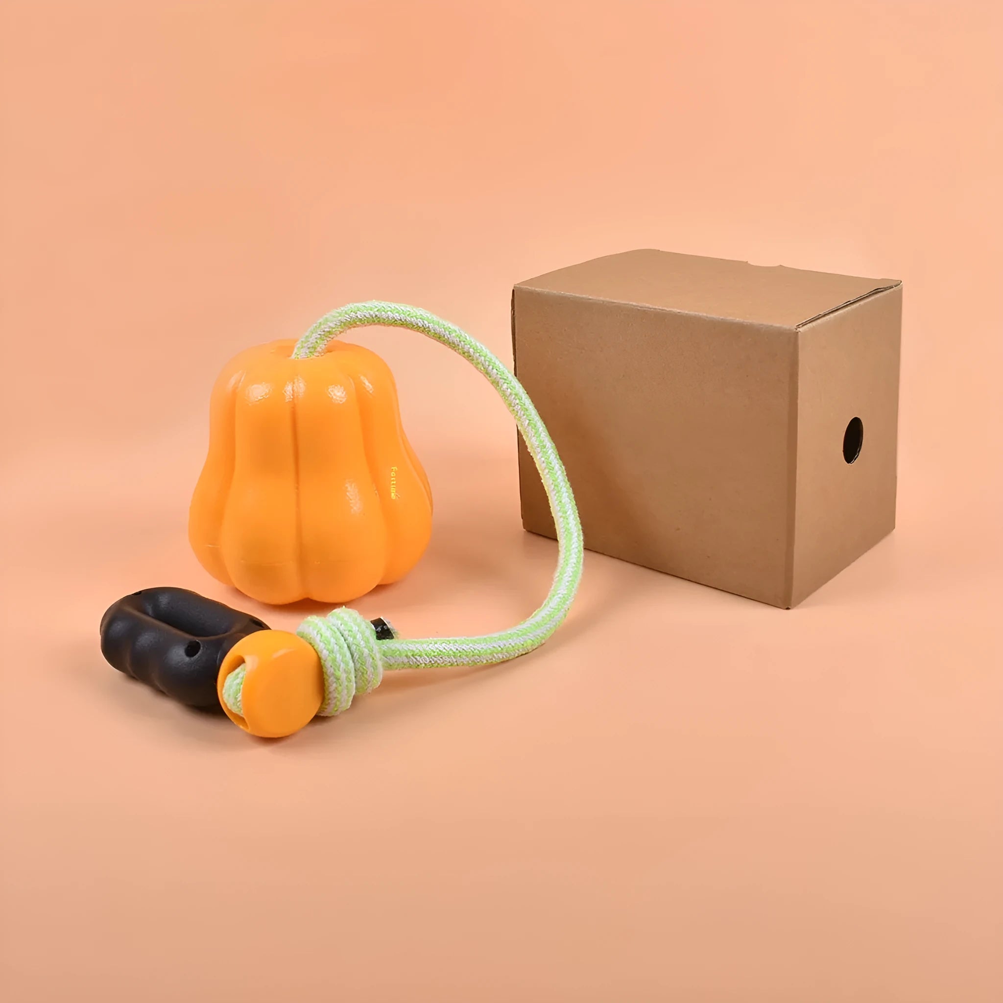 Single pumpkin coloured plastic molar dog toy with an attached rope for chewing and fetch.