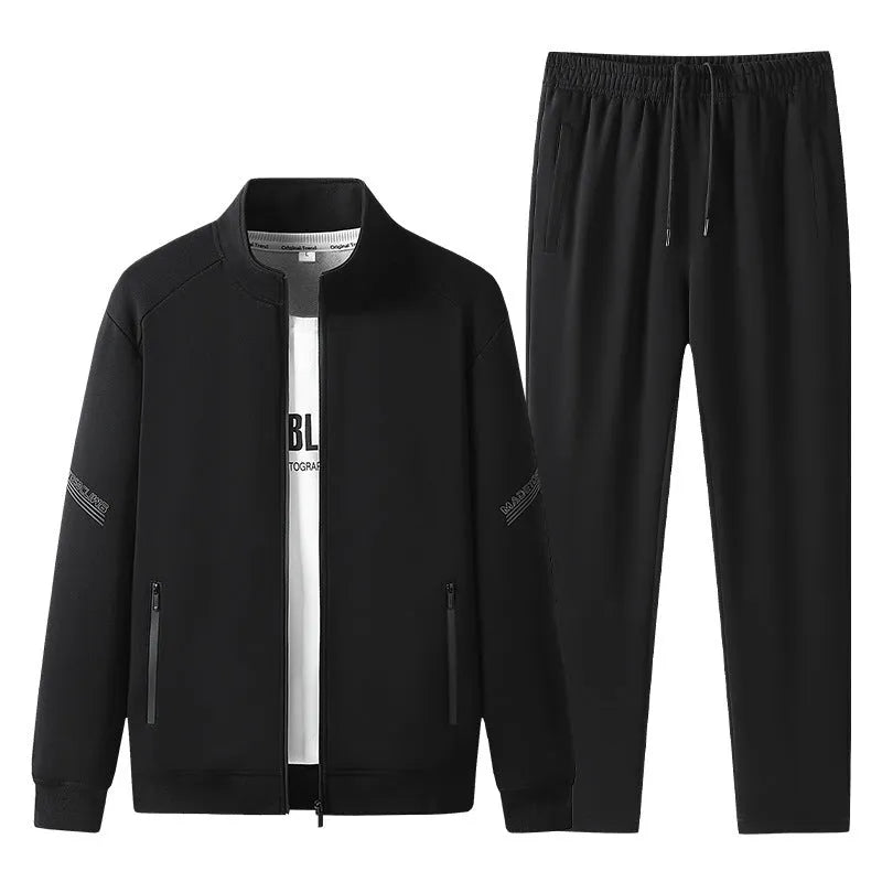 Men's plus-size knitted cotton sports leisure suit in black with jacket and trousers