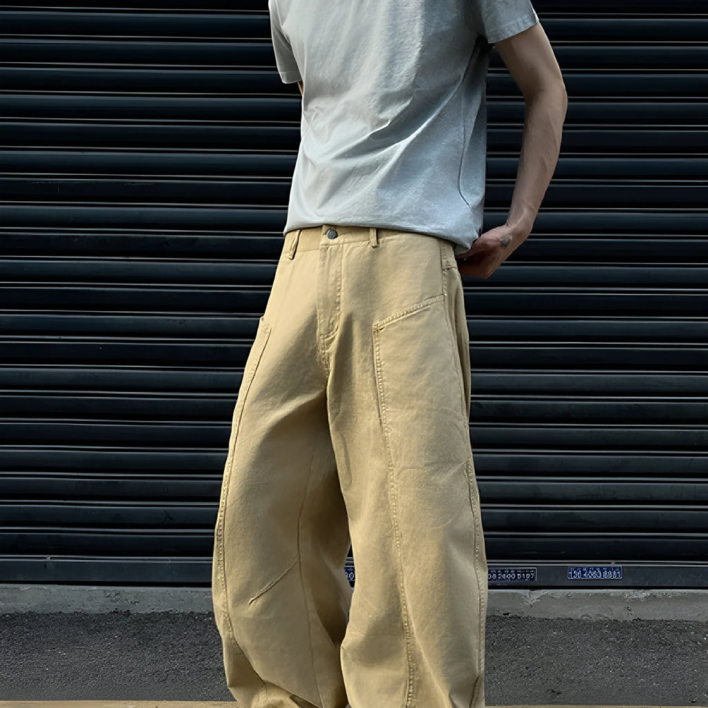 Men's khaki cotton straight-leg trousers laid flat showing American retro casual style