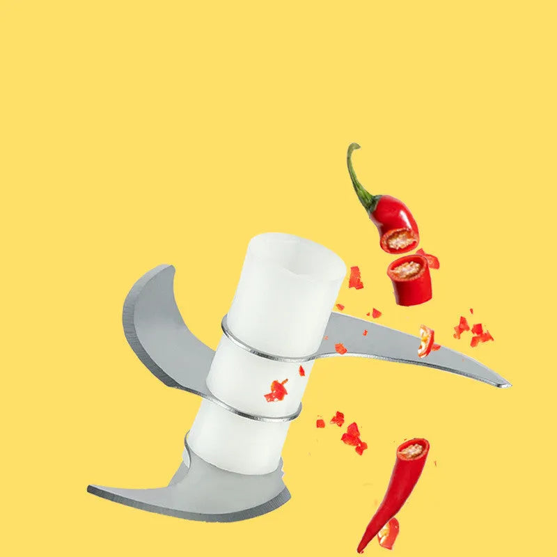 Blue electric garlic masher mini with compact plastic body on kitchen counter