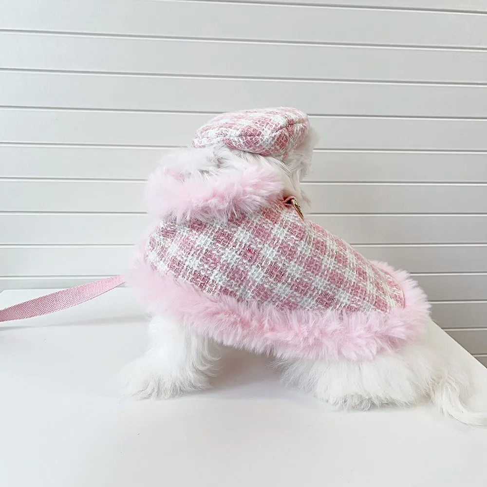 Pink cat costume set with cape featuring hand-holding rope and beret accessory