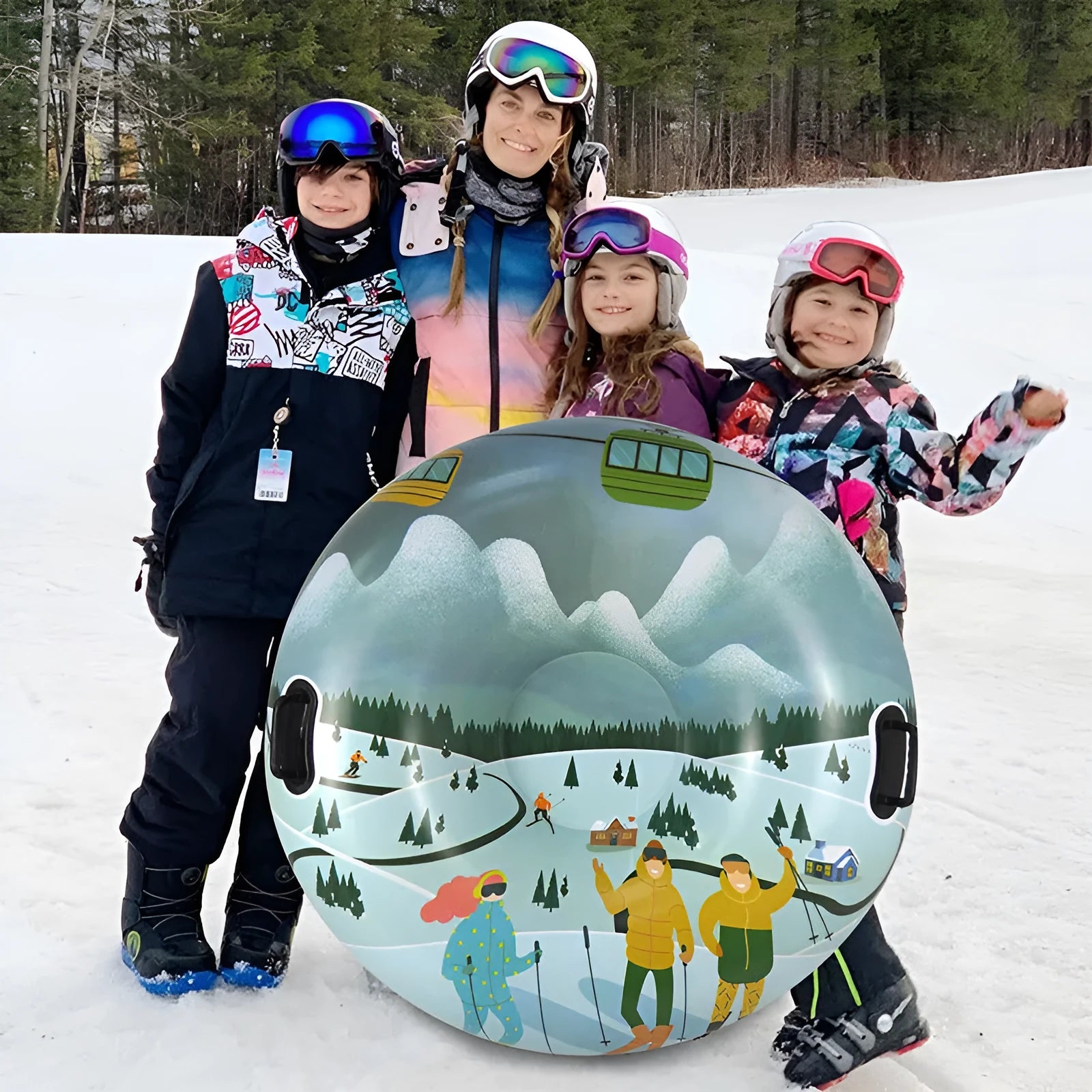 Colourful printed PVC ski ring toy for outdoor throwing games in red, blue, or mountain design.