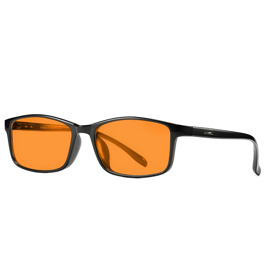 Orange lens anti-blue light glasses in a full rim frame, shown in one of four available colour options.